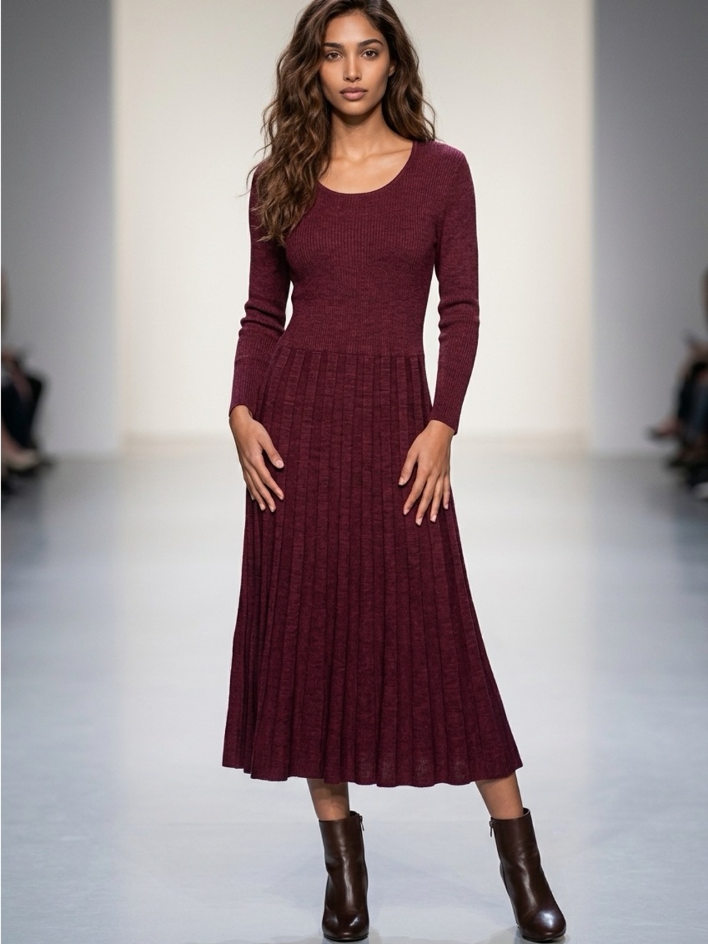 Nina Leonard Long Sleeve Ribbed Midi Sweater Dress in Burgundy